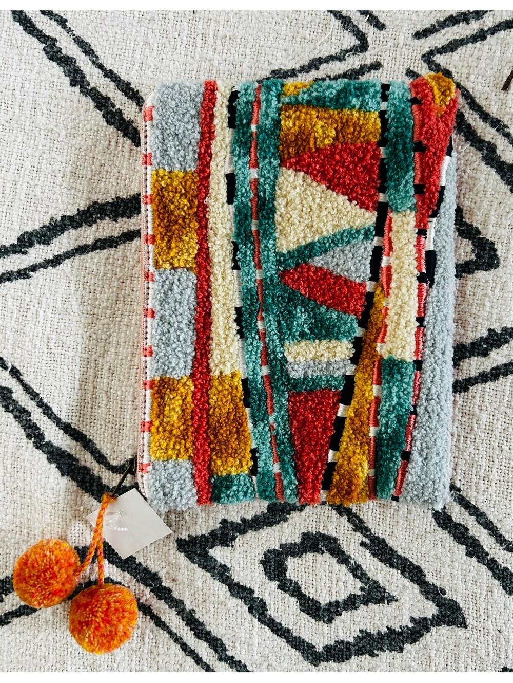 Boho Tufted Chenille Clutch Pouch Geometric Punch Needle Makeup Bag Pom Pom